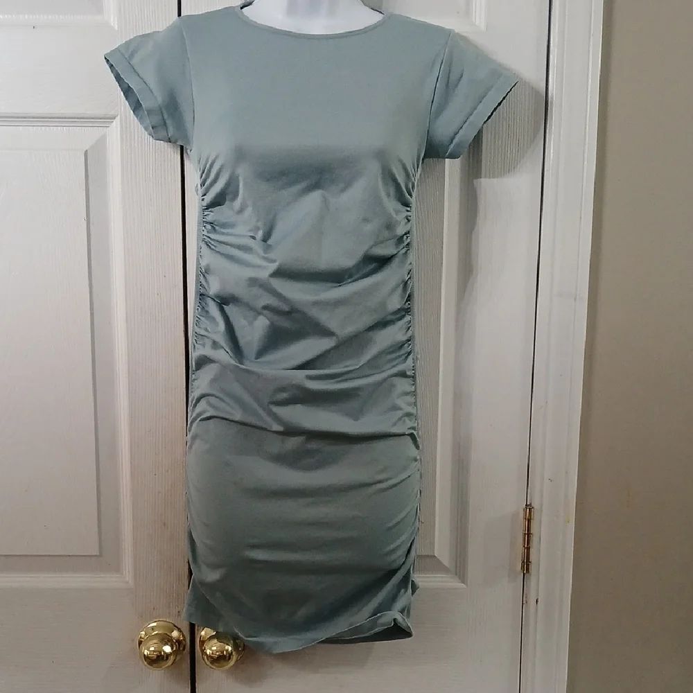 BLANQI Maternity Dress Ruched Bluish seafoam Stretch Bodycon Knit Sz S/M NWOT